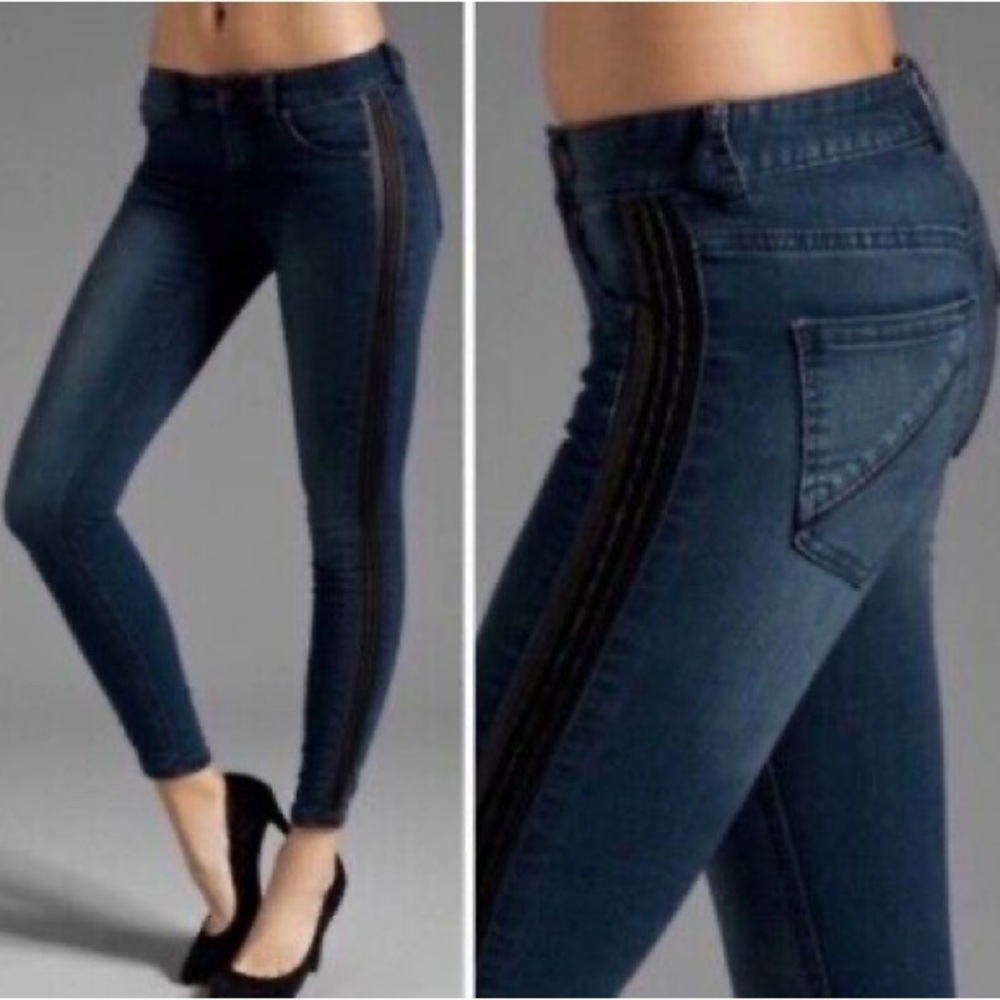 Free People Blue Tuxedo Faux Leather Side Skinny Denim Jeans Women Size 27